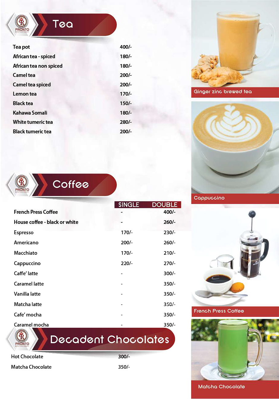 Pronto Restaurant Juices and Drinks